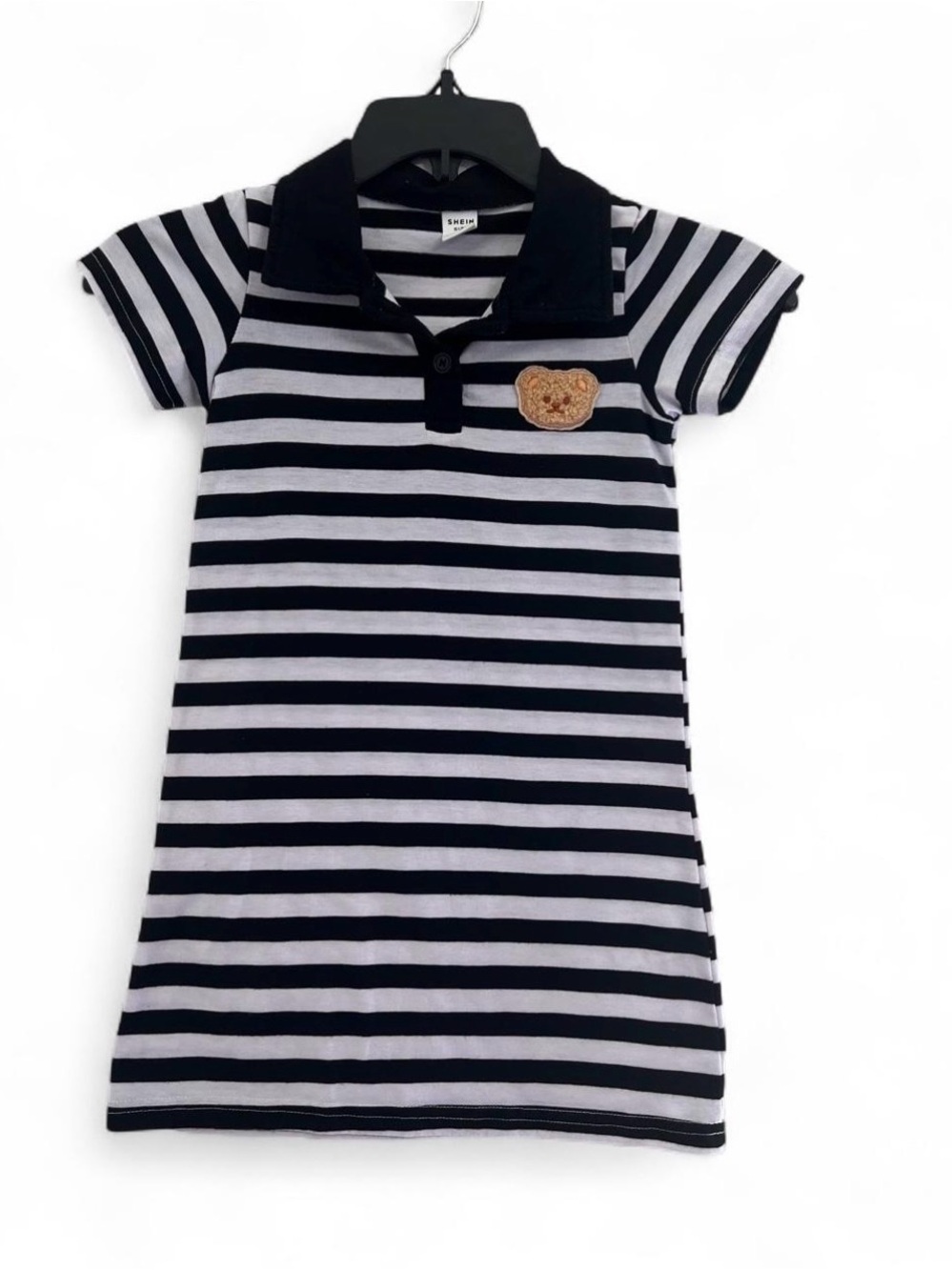 Girls Black & White Striped Polo Dress with Bear Patch